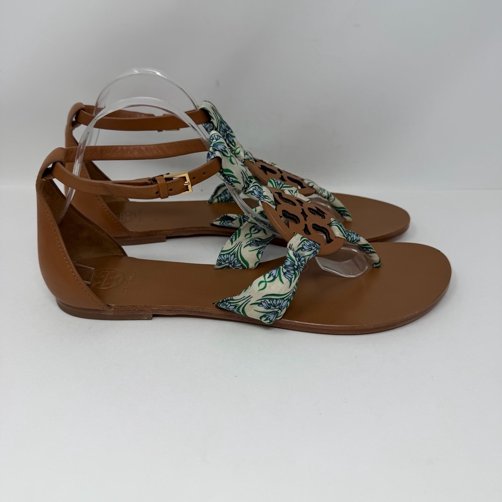 Tory Burch Miller Leather Scarf Thong Sandals Brown White Blue Green Size 11